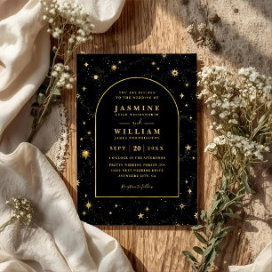 Sky Stars Celestial Mystical Black QR Code Wedding Invitation