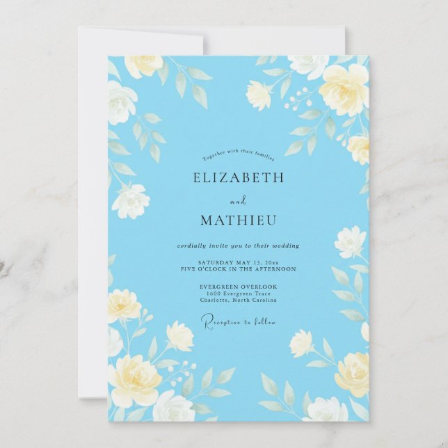Sky Watercolor Leafy Wedding Invitation (Front)
