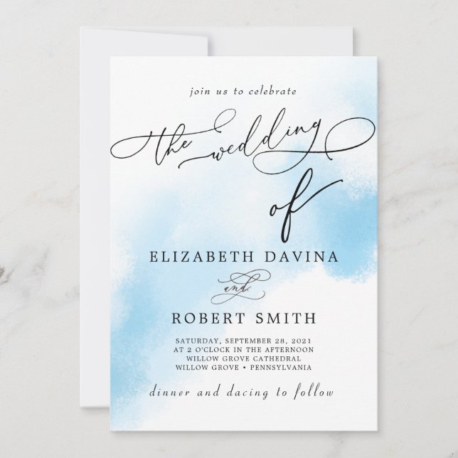 Sky Watercolor Wash and elegant Wedding Invitation (Front)