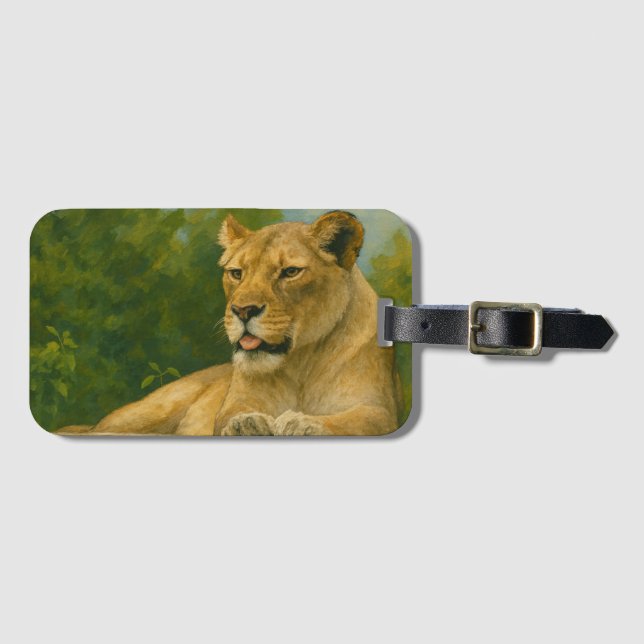 Skybound Grace – Lioness on the Ledge Luggage Tag (Front Horizontal)