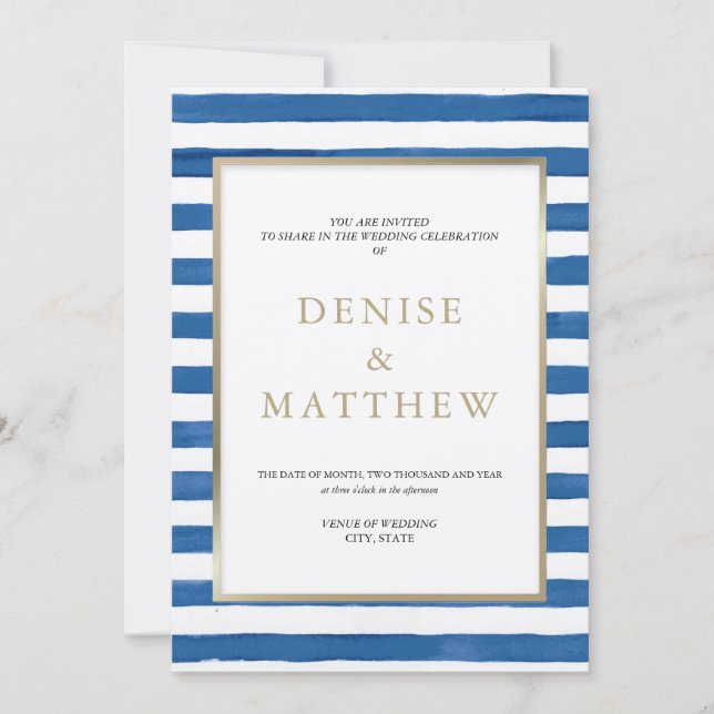 Skydiver Blue Watercolor Stripe & Gold Lettering Invitation (Front)