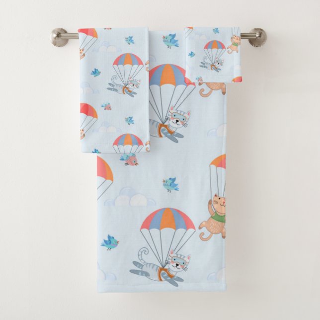 Skydiver Cat Seamless Pattern Bath Towel Set (Insitu)