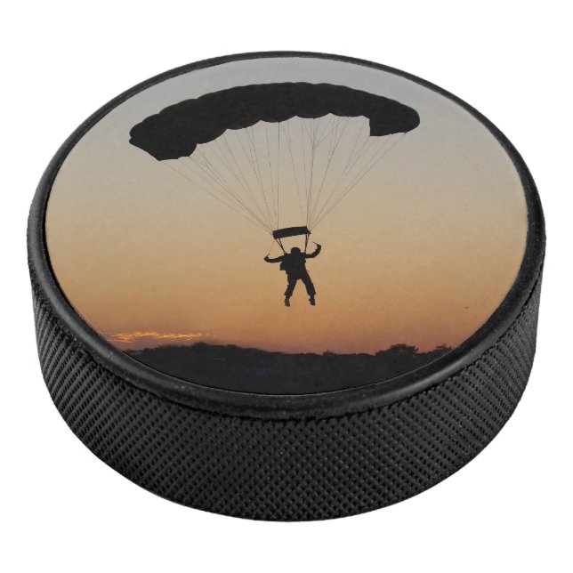 Skydiver Parachute at Sunset  Hockey Puck (3/4)