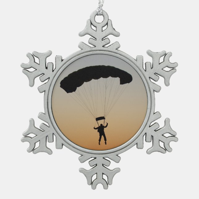 Skydiver Parachute at Sunset Sky Diver Snowflake Pewter Christmas Ornament (Front)