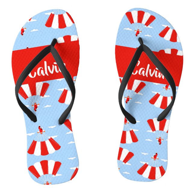 Skydiver with red and white parachute pattern flip flops (Footbed)