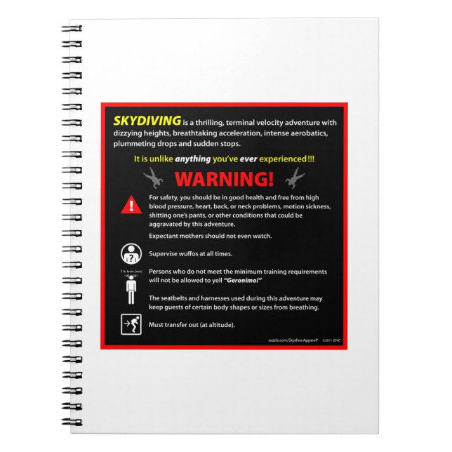 SKYDIVING Theme Park Warning Sign Notebook (Front)