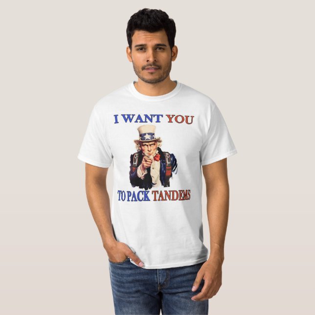 Skydiving Uncle Sam "I want you to pack tandems" T-Shirt (Front Full)