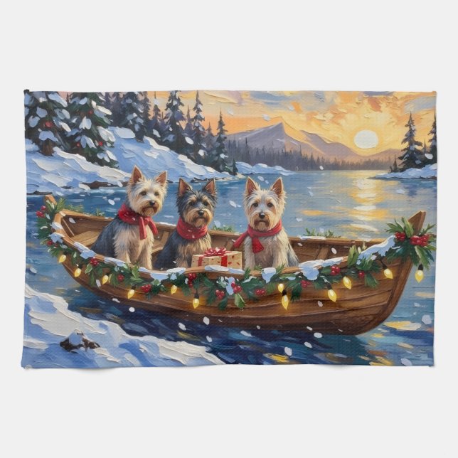 Skye Terrier Christmas Boat Holiday Tea Towel (Horizontal)