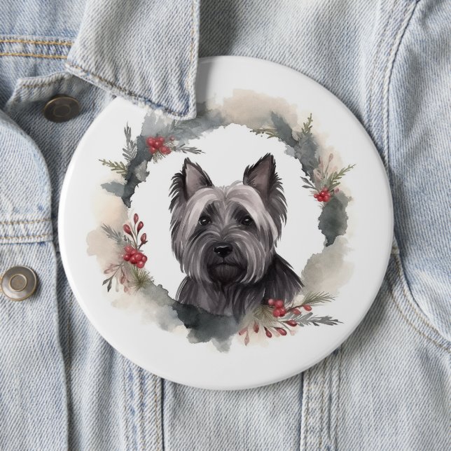 Skye Terrier Christmas Wreath Festive Pup 6 Cm Round Badge (In Situ)