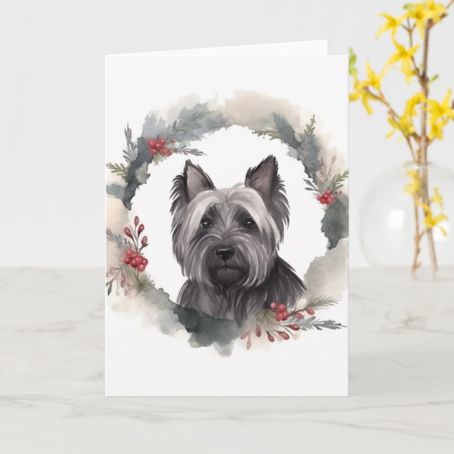 Skye Terrier Christmas Wreath Festive Pup Card (Yellow Flower)