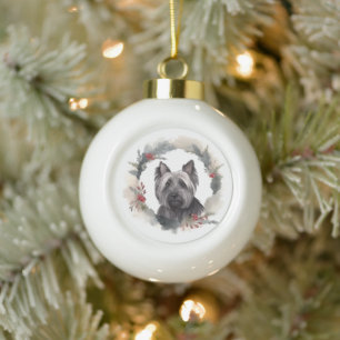 Skye Terrier Christmas Wreath Festive Pup Ceramic Ball Christmas Ornament