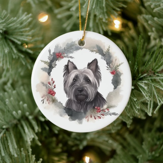Skye Terrier Christmas Wreath Festive Pup Ceramic Tree Decoration (Tree)