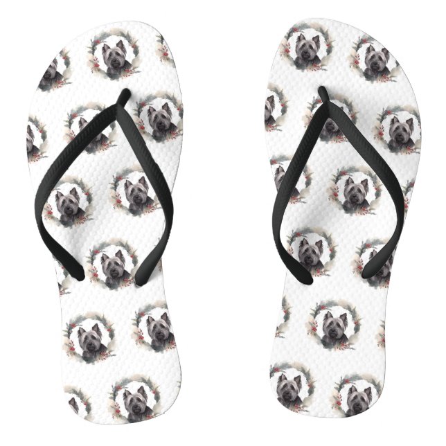 Skye Terrier Christmas Wreath Festive Pup Flip Flops (Footbed)