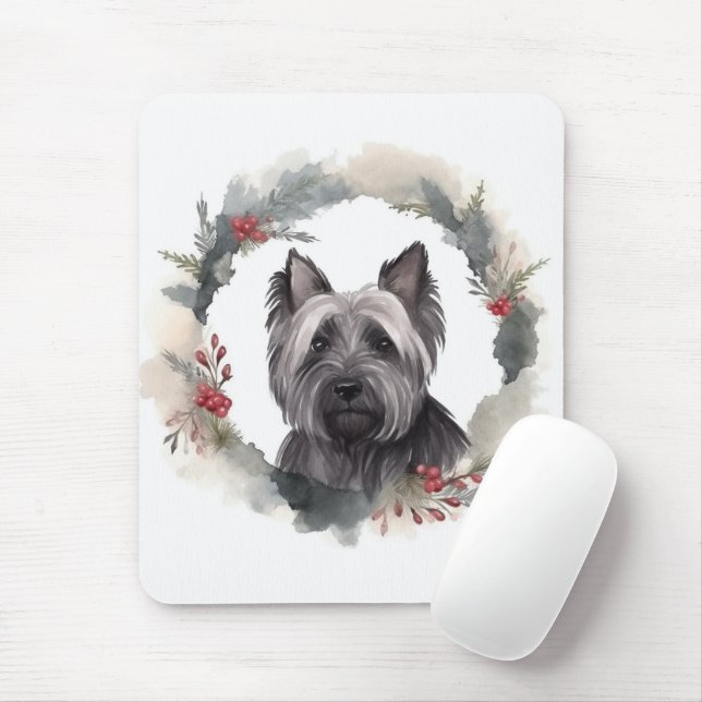 Skye Terrier Christmas Wreath Festive Pup Mouse Mat (With Mouse)