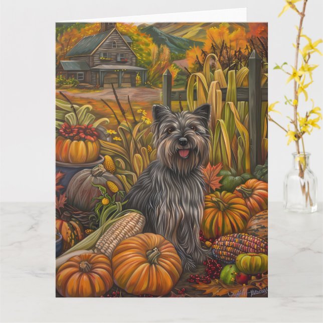 Skye Terrier Dog Autumn Harvest Thanksgiving Card (Yellow Flower)