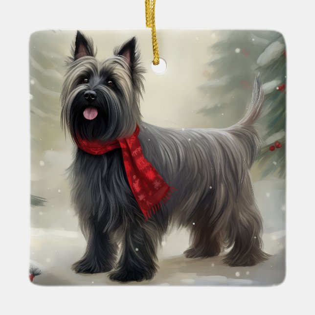 Skye Terrier Dog in Snow Christmas  Ceramic Ornament (Front)