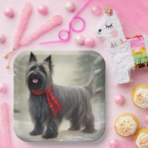 Skye Terrier Dog in Snow Christmas  Paper Plate