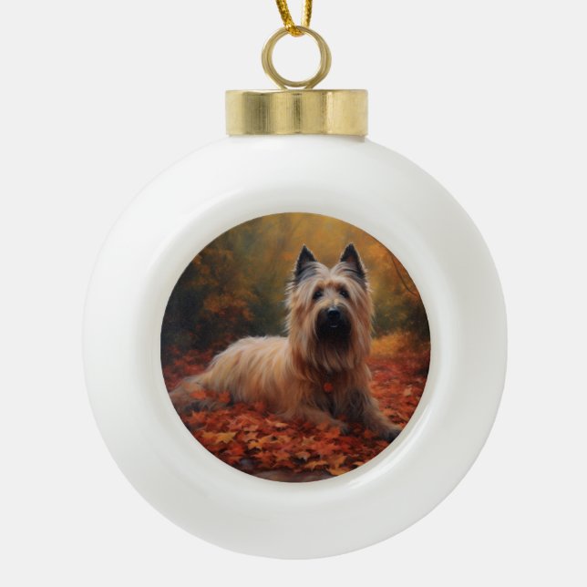 Skye Terrier in Autumn Leaves Fall Inspire Ceramic Ball Christmas Ornament (Front)