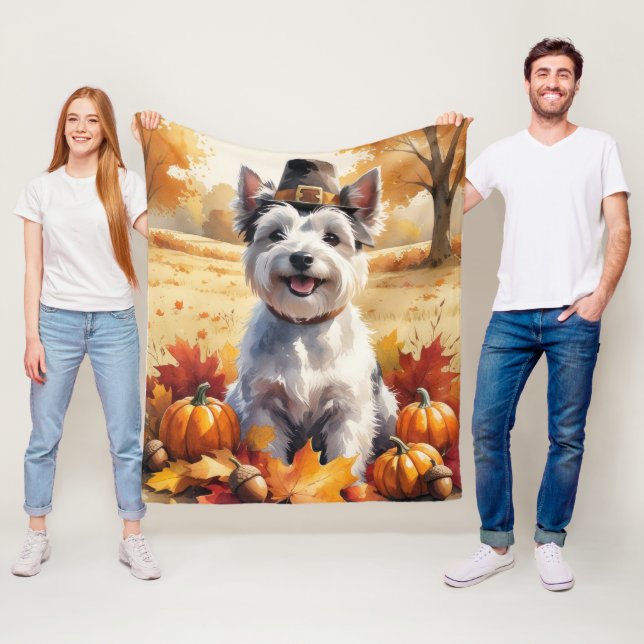 Skye Terrier In Autumn Leaves Thanksgiving Art Fleece Blanket (In Situ)