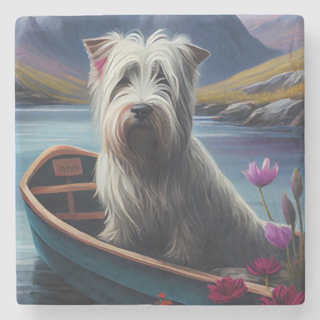Skye Terrier on a Paddle: A Scenic Adventure Stone Coaster (Front)