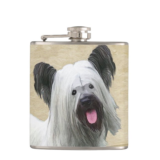 Skye Terrier Painting - Cute Original Dog Art Hip Flask (Front)