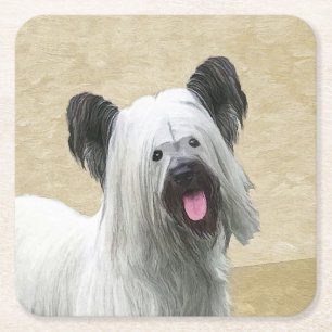Skye Terrier Painting - Cute Original Dog Art Square Paper Coaster