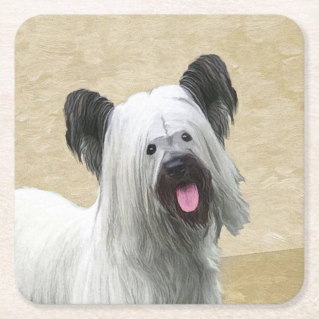 Skye Terrier Painting - Cute Original Dog Art Square Paper Coaster (Front)