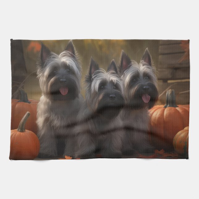 Skye Terrier Puppy Autumn Delight Pumpkin  Tea Towel (Horizontal)