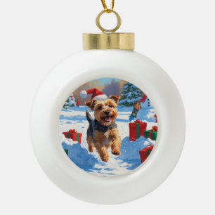 Skye Terrier Running in Snow with Christmas Hat Ceramic Ball Christmas Ornament
