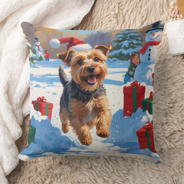 Skye Terrier Running in Snow with Christmas Hat Cushion (Blanket)