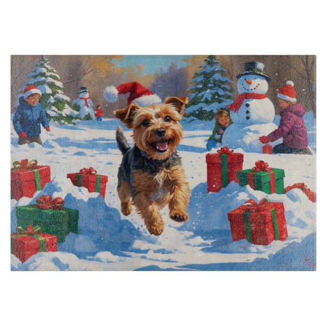 Skye Terrier Running in Snow with Christmas Hat Cutting Board (Front)