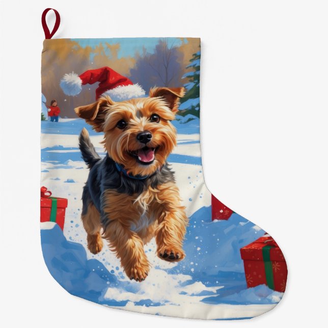 Skye Terrier Running in Snow with Christmas Hat Large Christmas Stocking (Front)