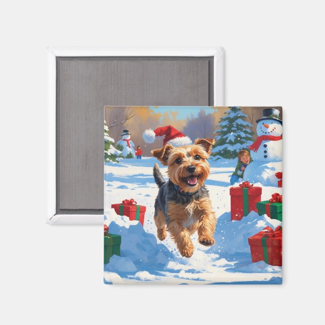 Skye Terrier Running in Snow with Christmas Hat Magnet (Front/Back)