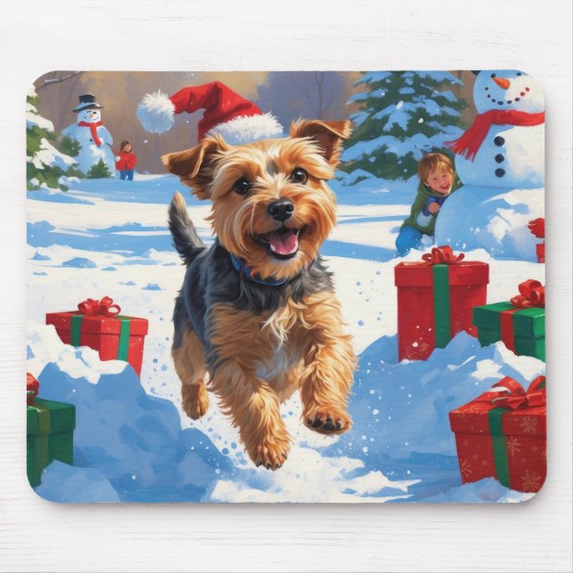 Skye Terrier Running in Snow with Christmas Hat Mouse Mat (Front)