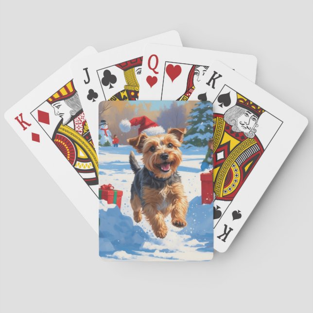 Skye Terrier Running in Snow with Christmas Hat Playing Cards (Back)