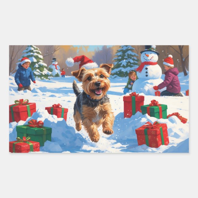 Skye Terrier Running in Snow with Christmas Hat Rectangular Sticker (Front)