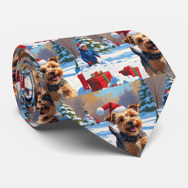 Skye Terrier Running in Snow with Christmas Hat Tie (Rolled)