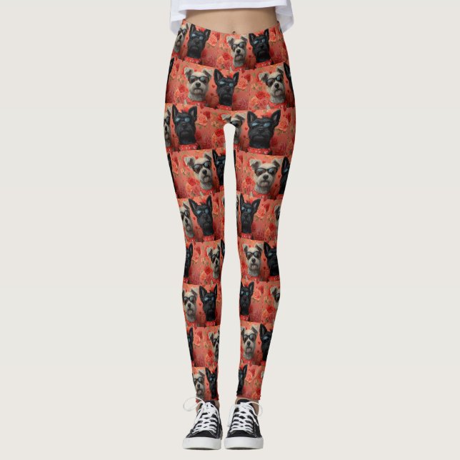 Skye Terrier with Heart Roses Valentine's Day Leggings (Front)