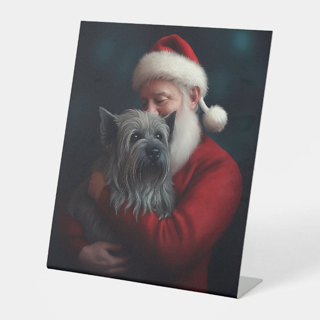 Skye Terrier With Santa Claus Festive Christmas Pedestal Sign (Front)