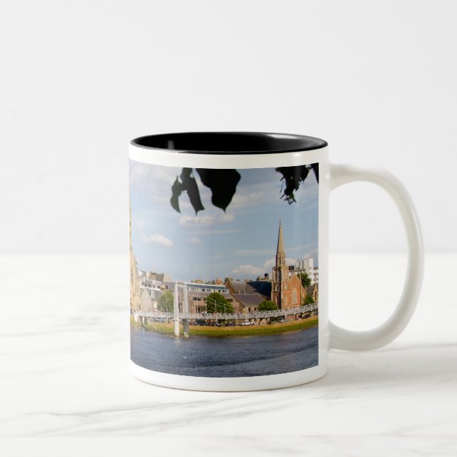 Skyline and river of quaint town of Inverness Two-Tone Coffee Mug (Right)