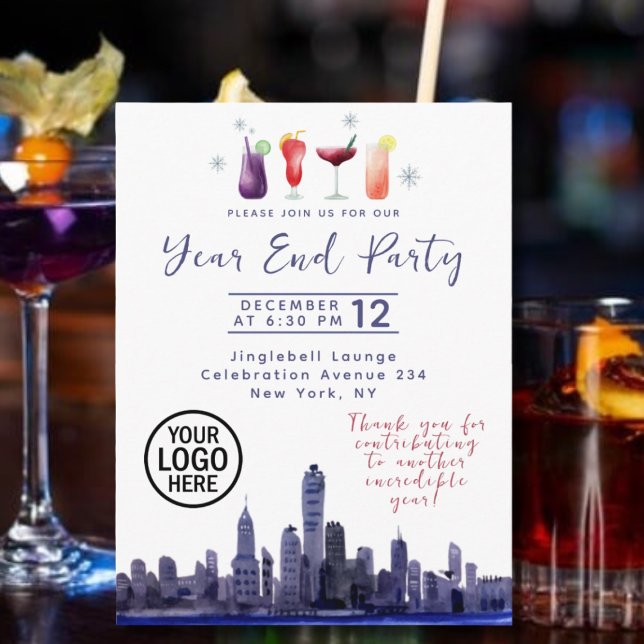 Skyline Company Year End Party Invitation Postcard (Watercolor Year End Party in the city design)
