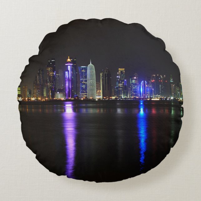 Skyline of Doha, Qatar at night round pillow (Front)