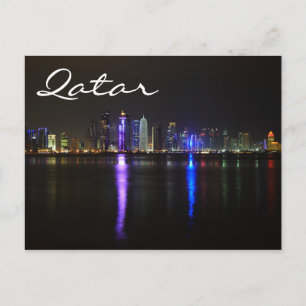 Skyline of Doha, Qatar at night text postcard