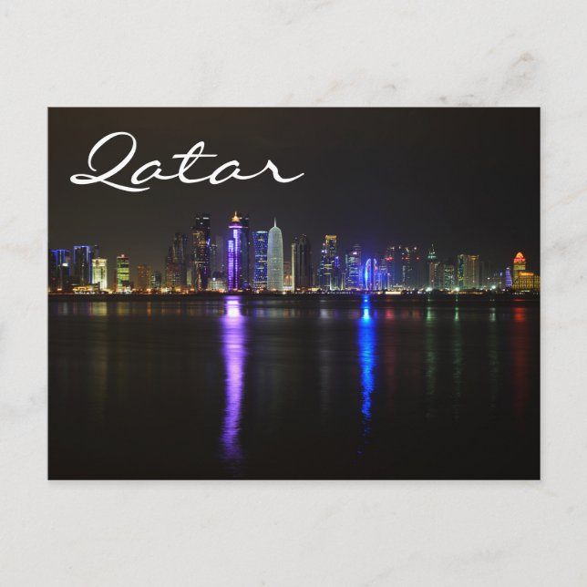 Skyline of Doha, Qatar at night text postcard (Front)