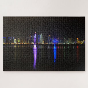 Skyline of illuminated Doha, Qatar at night Jigsaw Puzzle
