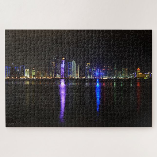 Skyline of illuminated Doha, Qatar at night Jigsaw Puzzle (Horizontal)