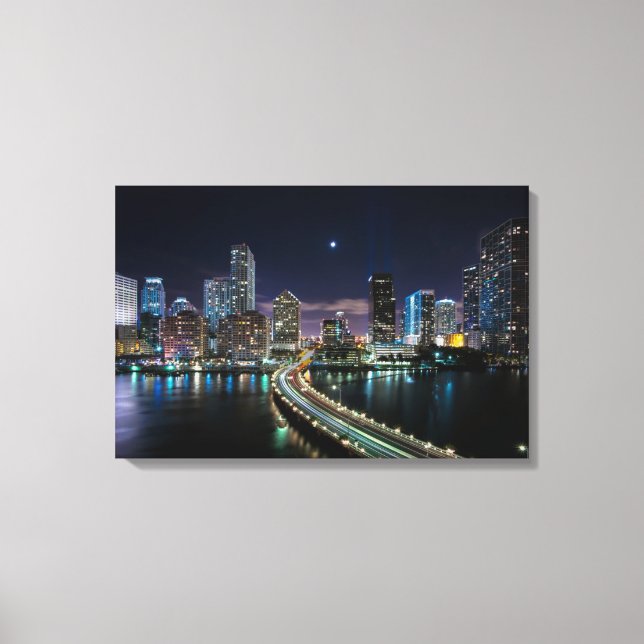 Skyline of Miami city with bridge at night Canvas Print (Front)