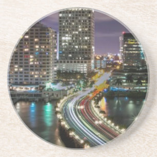 Skyline of Miami city with bridge at night Coaster