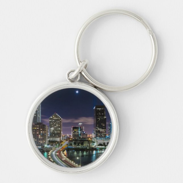 Skyline of Miami city with bridge at night Key Ring (Front)