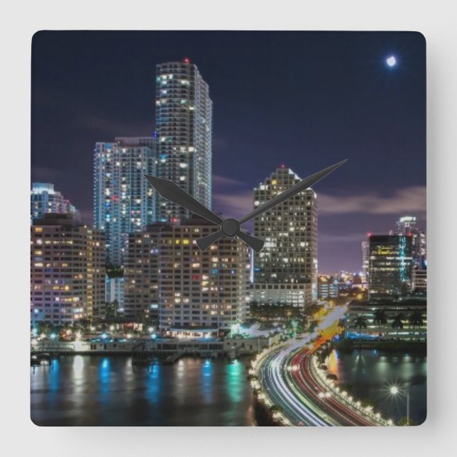 Skyline of Miami city with bridge at night Square Wall Clock (Front)